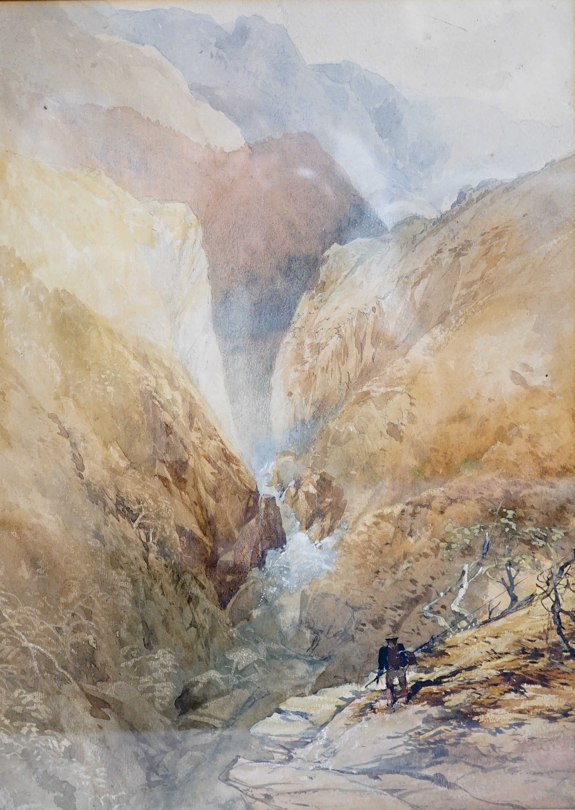 19th century English School, watercolour, Angler in a mountain gorge, 30 x 22cm